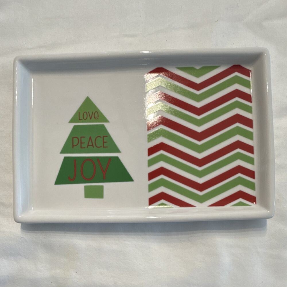 Ganz Ceramic Chevron Christmas Tree Decorative Dish 4x6 in Red Green White